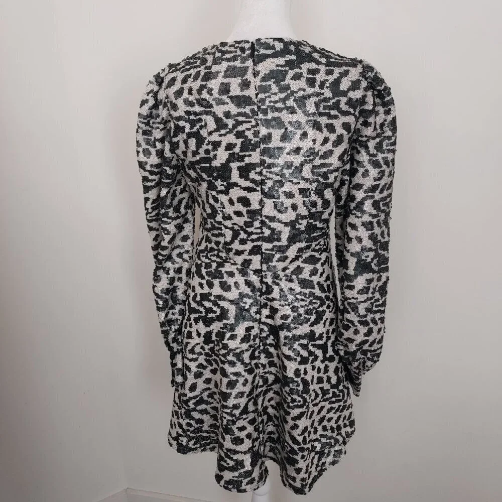 Rotate Birger Christensen Alison Sequin Leopard Puff Sleeve Mini Dress Size 4